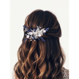 IYOU Butterfly Bridal Hair Clips Blue Crystal Barrette Wedding Side Combs Leaf Pearl Bride Headpiece Prom Guest Hair Accessories for Women