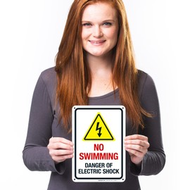 No Swimming Danger of Electric Shock Sign, 10x7 Inches, 55 mil Thick HDPS (high Density polystyrene), Made in USA