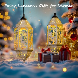 Big Outdoor Solar Lanterns Waterproof Fairy Moon Garden Gifts for Women Mom12.4‘’ Metal Garden Lanterns Hanging Light for Patio Backyard Decorations, Mothers Day Birthday Gifts (Gold White,2Pack)