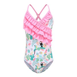 Moon Tree Big Girls One Piece Bathing Suit Hawaiian Ruffle Swimsuits Kids Beach Floral Swimwear Tropical Birds Size 10/8-10