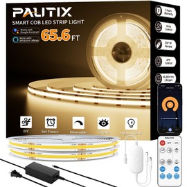 PAUTIX COB LED Strip Light 65.6ft/20m,Work with Alexa/Google Assistant,9600 LEDs Warm White 3000K,CRI93+ Super Bright High Lumen,Dimmable 24V Flexible LED Light Strip,for Bedroom,Ceiling,Office,DIY
