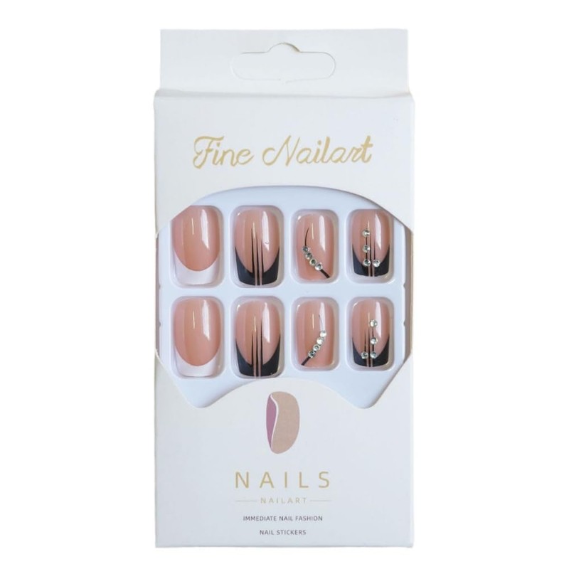 Ztcily Künstliche Nägel, French, Rosa, Schwarz, Hochzeit, mittellang, mit Kristallen,
