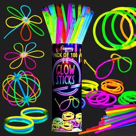 Ammy Glow UK-100 Premium Glow Sticks for Children- Adults-205 Pcs-Glow In The Dark Eye Glasses kit-Bracelet Connectors- Necklaces and Balls -12 hour Non Stop Glow for Party Supplies- Non Toxic