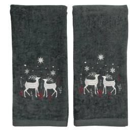 Holiday Christmas Bath Hand Towels: Seasonal Noble Reindeer Buck Deer Design, Gray Silver Red White, Set of 2, 100% Cotton