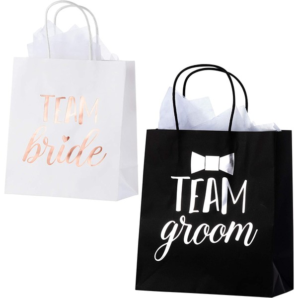 Wedding Gift Bags with Handles, Team Bride, Team Groom (8 x 4 x 9 In, 20 Pack)