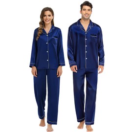 SWOMOG Couple Matching Pajamas Set Silk Satin Button Down Sleepwear Long Sleeve Nightwear 2 Pcs Pj Set Men Navy Blue X-Large