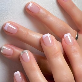 24Pcs French Tips Press on Nails for Manicure Art with Sparkly Design, Glossy Silver Glitter Short Coffin Acrylic False Nails Gel Glue on Nails French Full Cover Fake Nails Stick on Nails for Women