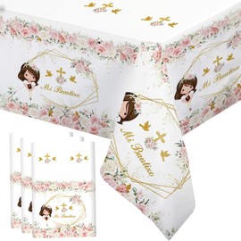 MEHOFOND 3 Pack Mi Bautizo Tablecloths, 108 x 54 Inch Pink Flowers First Holy Communion Tablecloths,Girl Mi Primera Comunión Party Decorations, God Bless Party able Cover Decor