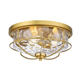 15 Inch Flush Mount Ceiling Light, HWH 3-Light Modern Close to Ceiling Light Fixtures Brushed Gold Finish for Kitchen Porch Foyer with Hammered Water Ripple Glass, 5HTJ102WG-F BG