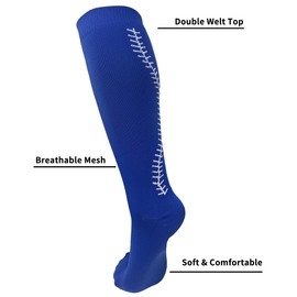 Youper Calcetines de sóftbol con puntadas para niñas y mujeres adultas (2 pares), Azul, blanco (Royal Blue/White), L