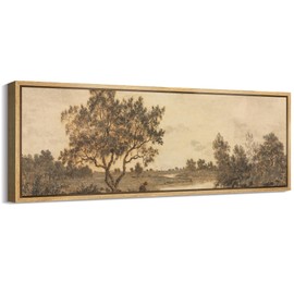 MUDECOR Large Framed Canvas Print Wall Art Misty Riverbank with Solitary Tree Illustrations Antique Retro Fine Art Illustrations Ready to Hang Painting for Living Room Bedroom Multi-Sizes - 60"x20"
