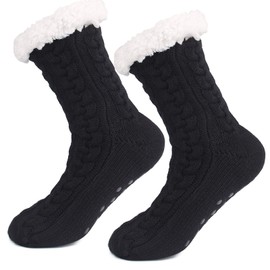 Women Slipper Fuzzy Socks, MH MOIHSING Winter Ladies Cozy Fluffy Cabin Warm Fleece Soft Comfy Thick Non Slip Home Socks Sherpa Lined Slipper Socks, Black