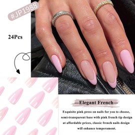 Pink Press on Nails - French Tip False Nails - Semi-Transparent Fake Nails Almond in 12 Sizes - Soft Gel French Nail Tips Medium Length- Reusable Stick on nails for Women