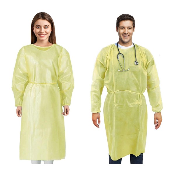MEDICAL NATION 100 Pack Disposable Isolation Gowns - Yellow Level 2 SMS 40gsm Non-Woven Material - PPE Gowns Disposable for Dental, Medical Use, Fluid-Resistant and Latex-Free Gowns, Universal Size