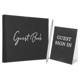 PATIKIL Guest Book, 9x7 Elegant Wedding Guestbook Black Cover Memory Book with Diamond Signing Pen and Greeting Card for Wedding Bridal Shower Birthday Party Events, Silver Tone