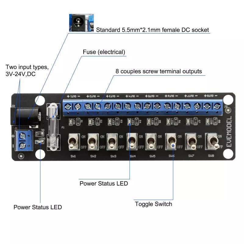 Evemodel 3V-24V DC Individual Toggle Switch Power Distribution Module 8