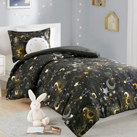 Mi Zone Kids Full Comforter Set, Celestial Metallic Comforter Set Starry Sky, Moon & Sun Comforter, All Seasons Lightweight & Fluffy Comforter Bed Set, 2 Shams, Celia, Full/Queen Charcoal/Gold 4 Piece