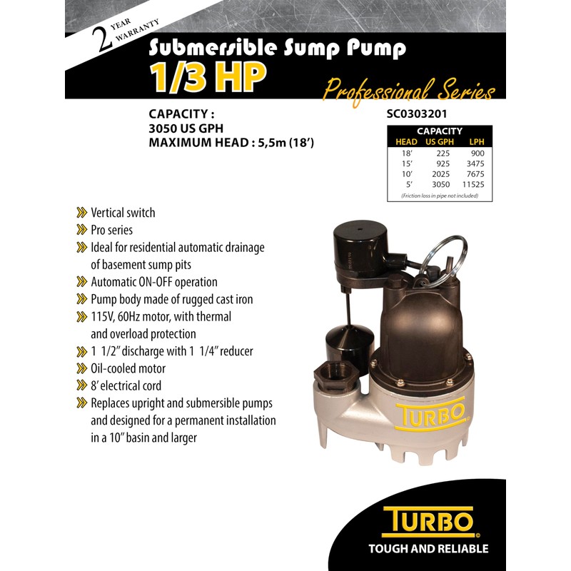 Turbo 1/3HP Cast Iron Submersible Sump Pump with Vertical Switch