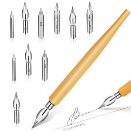 Ahaimy Nib and Holder Set with Wooden Handle and Stainless Steel Tips for Calligraphy Ink and Calligraphy Pen for Art and Design Includes 1 Pen and 10 Interchangeable Nibs