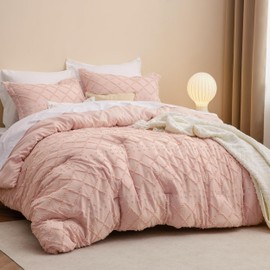Bedsure Queen Comforter Set - Coral Pink Comforter, Boho Tufted Shabby Chic Bedding for Kids, 3 Pieces Vintage Farmhouse Bed Set for All Seasons, Fluffy Soft Bedding with 2 Pillow Shams