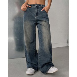 Women High Waist Baggy Jeans Vintage Wide Leg Jeans Loose Boyfriend Jeans Denim Pants Y2K Dark Blue M