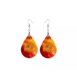 Twisted R Design Henna Pattern Print Wood Dangle Teardrop Print Earrings Jewelry