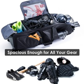 VIGEGARI Large Baseball Bag with Wheels for 4 Bats - Softball Bag with Fence Hook for T-Ball Bat & Equipment, Black, Large with wheels