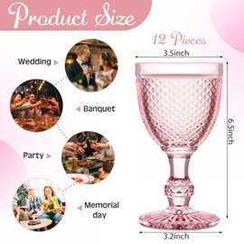 Bokon 12 Pack Wine Glasses Red Wine Glass Goblets High Clear Wine Glass 10 oz Vintage Glass Goblet Embossed Diamond Design Glassware Goblet with Stem for Juice Liquor Party Wedding Bar(Pink)