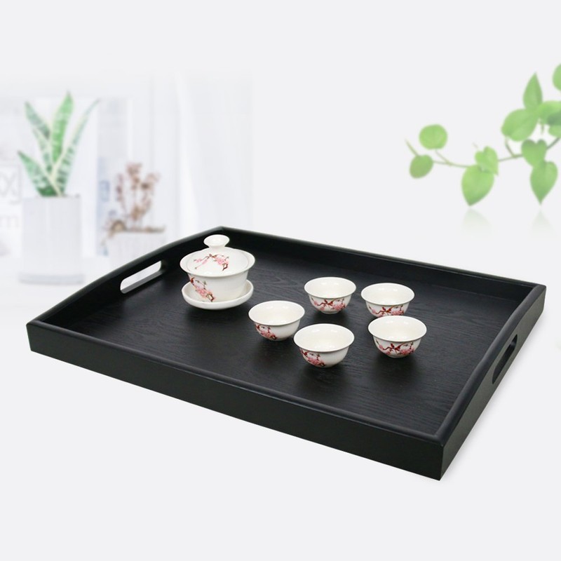 DILLMAN Serving Tray Large Black Wood Rectangle Food Tray Butler