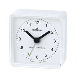 Dugena Reisewecker, Funkwecker aus Kunststoff, modern, mit abgerundeten Ecken und ansteigendem Wecksignal (Crescendo-Alarm), 6 x 6 cm, Farbe:Weiß