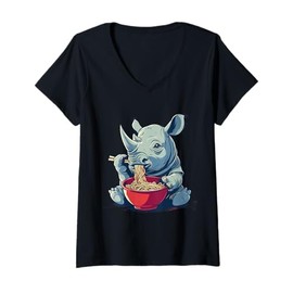 Womens Rhino Eating Ramen Rhino Ramen Bowl Japanese Noodles Lover V-Neck T-Shirt