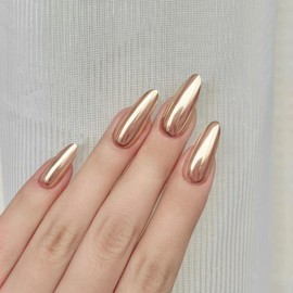 Gold Press on Nails Medium Almond Fake Nails Chrome Metallic False Nails Press ons with Designs Glossy Full Cover Acrylic Glue on Nails Cute Artificial Stick on Nails for Women Manicure 24Pcs
