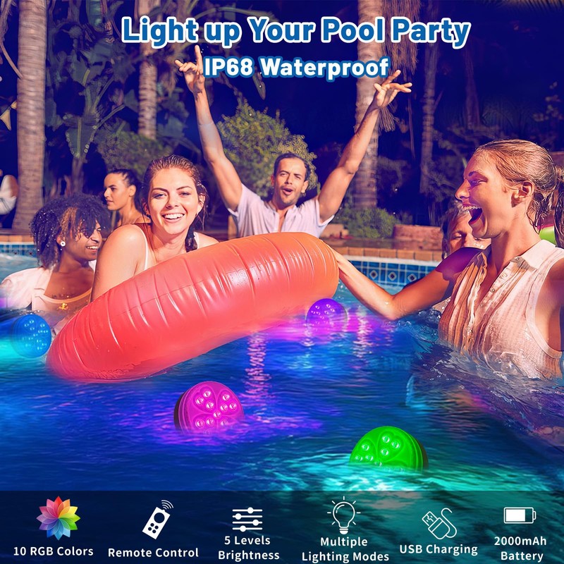 Wireless Pool Lights, Rechargeable Submersible LED Light with 10 Colors