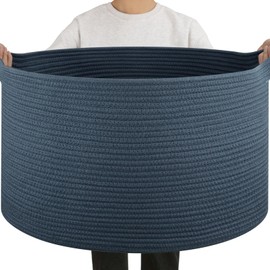 OIAHOMY 90L Large Blanket Basket with Handle, Blanket Storage for Living Room 23" x 23" x 13", Laundry Basket for Blankets, Pillows, Large Woven Rope Baskets for Kids, Dogs Toys - Blue
