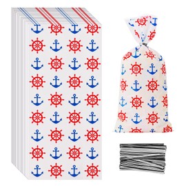 Lecpeting 100 Pcs Nautical Treat Bags Anchors Wheel Print Cellophane Candy Bags Plastic Goodie Storage Bags Nautical Party Favor Bags with Twist Ties for Nautical Theme Birthday Party Supplies