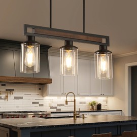 Farmhouse Dining Room Light Fixture, 3-Light Wood Kitchen Island Lighting for Dining Room Over Table, Black Adjustable Pendant Light with Clear Glass Shades, Linear Chandeliers Lighting for Kitchen