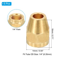 PATIKIL 1/4" Brass Flare Nut, 5Pcs 45 Degree Short Flare Tube Fitting Pipe Fittings for Air Conditioner, Water, Air, Oil, Gas Line, Brass Tone