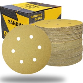 100 PCS 6 Inch 6 Hole Gold Sanding Discs - 80, 180, 220, 320, 400 Grit Dustless Hook and Loop Sandpaper Finishing Discs for Random Orbital Sander Woodworking or Automotive
