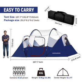 HIKERGARDEN 10 Person Camping Tent - Portable Large Family Tent for Camp, Windproof Fabric Dome Tent Outdoor for Hiking, Backpacking, Traveling (Navy Blue)