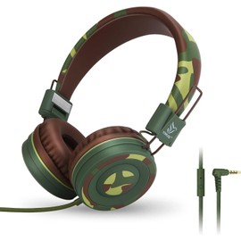 Yomuse C89 Kids Headphones, Wired Headphone with Microphone, On Ear Headphone with Adjustable, Foldable Headphones for School Travel Children Girls Boys Adults (Camo Green)