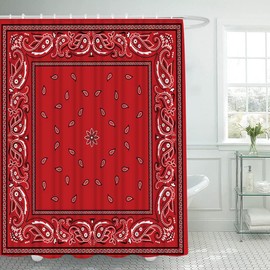4 Piece Abstract Paisley Shower Curtain Waterproof Red Bandana Elegant Ethnic Tribal Bathroom Sets with Non-Slip Rugs, Toilet Lid Cover and Bath Mat with Standard Size