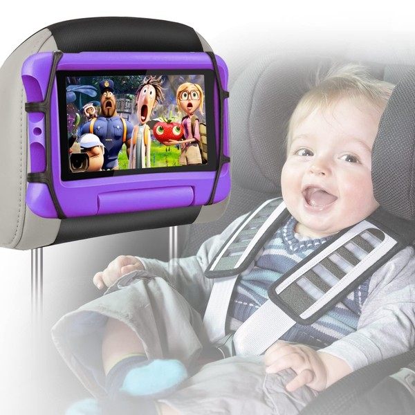 BIGASUO Car Headrest Mount Holder for Kids Tablet Holder for Car Backseat Anti-Slip Strap Holding Net Adjustable Angle Seat Mount Fits All 7 to 12.9 Inch Tablets