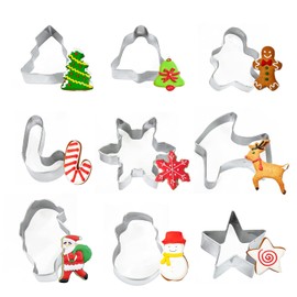 Crethinkaty Mini Christmas Cookie Cutters Set 9 Pieces Stainless Steel Cookie Cutter Set for Baking -Tree,Snowflake,Snowman,Reindeer,Santa Claus, Star, Bell,Candy Cane,Gingerbread Man