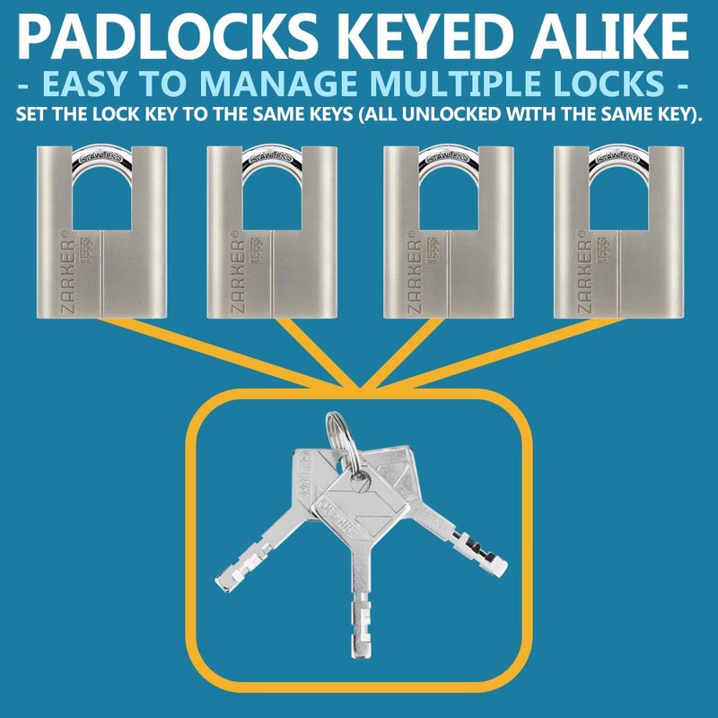 Zarker J55S keyed Alike Padlocks, Heavy Duty Stainless Steel Shackle