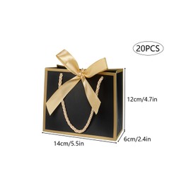 Pack of 20 Mini Gift Bags with Handle, Small Black Gift Bags, Thank You for Birthday, Wedding (14 x 6 x 12 cm), Golden Bows