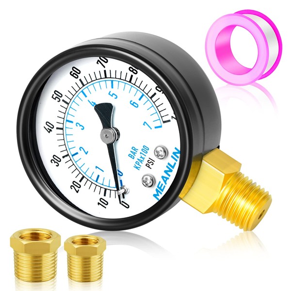 MEANLIN MEASURE 0-100Psi 2" DIAL FACE 1/4" NPT Well Pump Pressure Gauge, with 1/4" x 1/2" NPT and 1/4" x 3/8" NPT Hex Bushing, 3-2-3% Accuracy,Lower Mount
