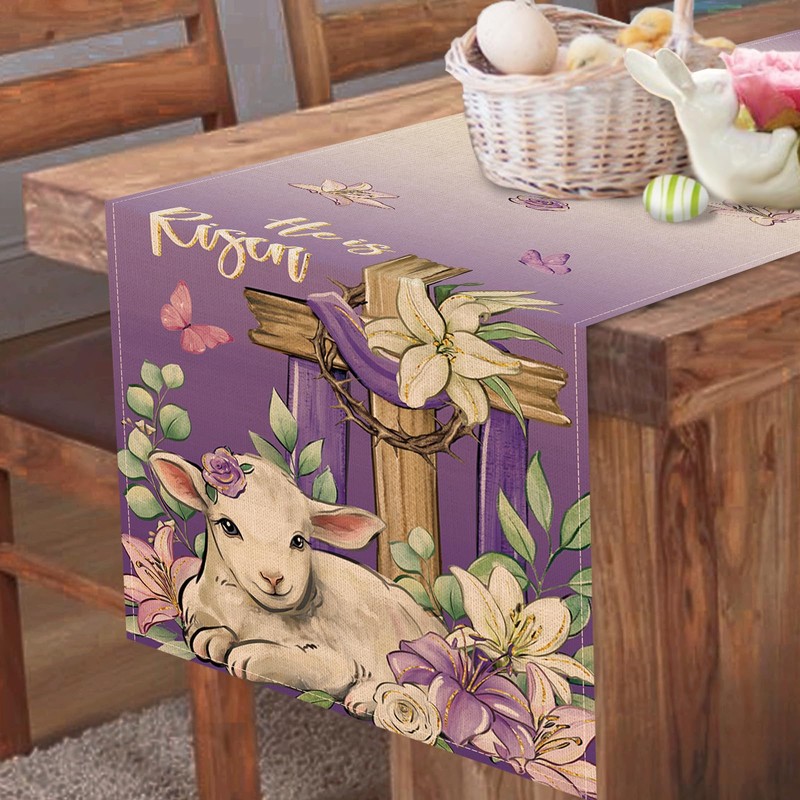Croar He is Risen Easter Purple Christian Table Runner, Religious