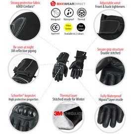 Texpeed Motorcycle Mens Waterproof Gloves Leather Cordura Textile Motorbike Moped Scooter Biker With CE Knuckle Armour Protection All Black - S
