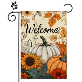 Fall Pumpkin Welcome Garden Flag for Outside 12x18 Inch Double Sided Burlap Autumn Thanksgiving Maple Leaf Sunflower Flowers Farmhouse Holiday Rustic Outdoor Yard Flag Home Decorations