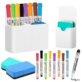 Shinybox Pack of 12 Whiteboard Accessories, 2 Pieces Magnetic Pen Holders with 2 Pieces Whiteboard Sponge, 8 Pieces Whiteboard Marker, Marker Holder, Magnetic Marker Holder for Home, Office, School
